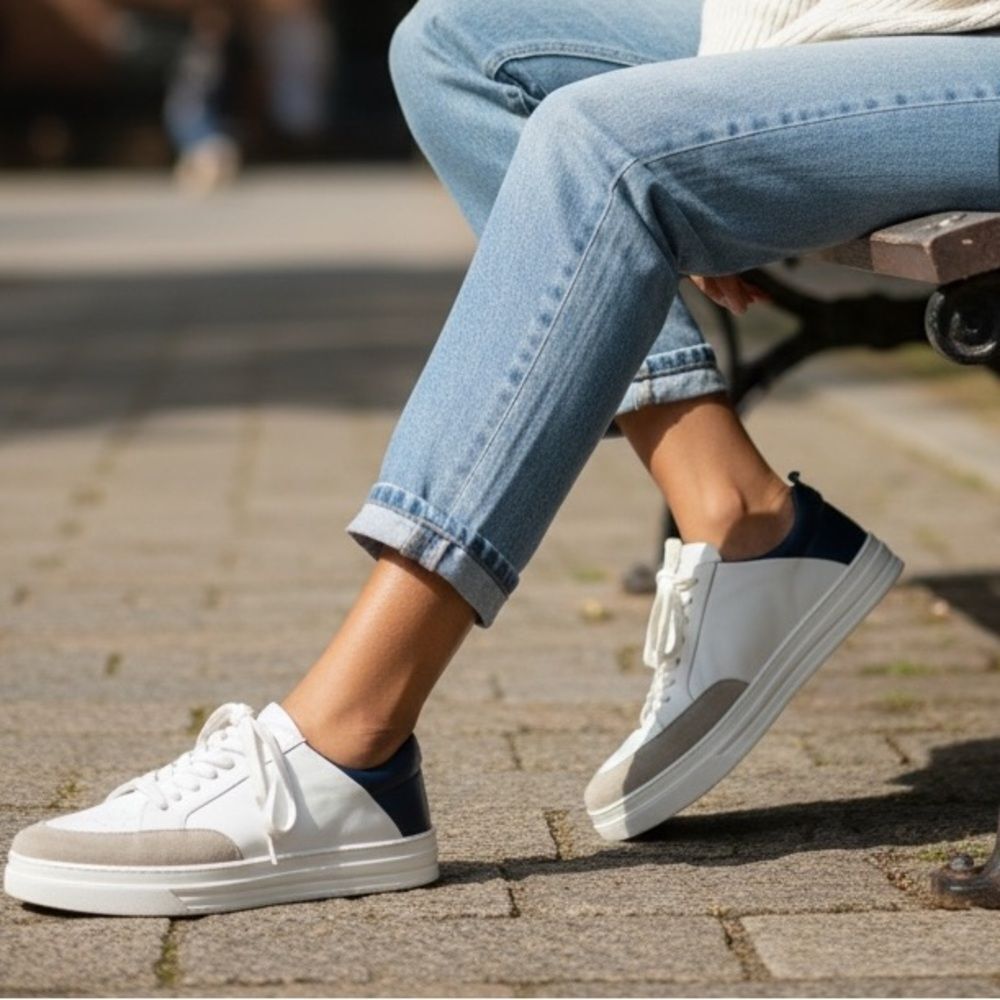 Boden Women's White, Beige & Blue Leather Sneakers
